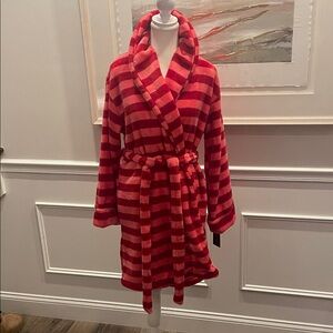 Kate Spade Med Red Plush Pink Cabana Striped Robe ❤️ 🩷 So Luxe! Fast Shipping!